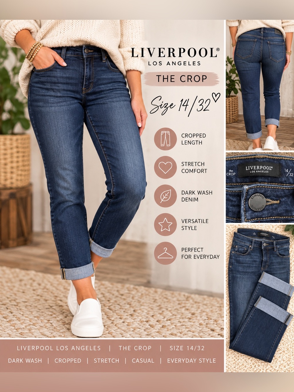 Liverpool Los Angeles The Crop Jeans Size 14/32 Dark Wash Cuffed